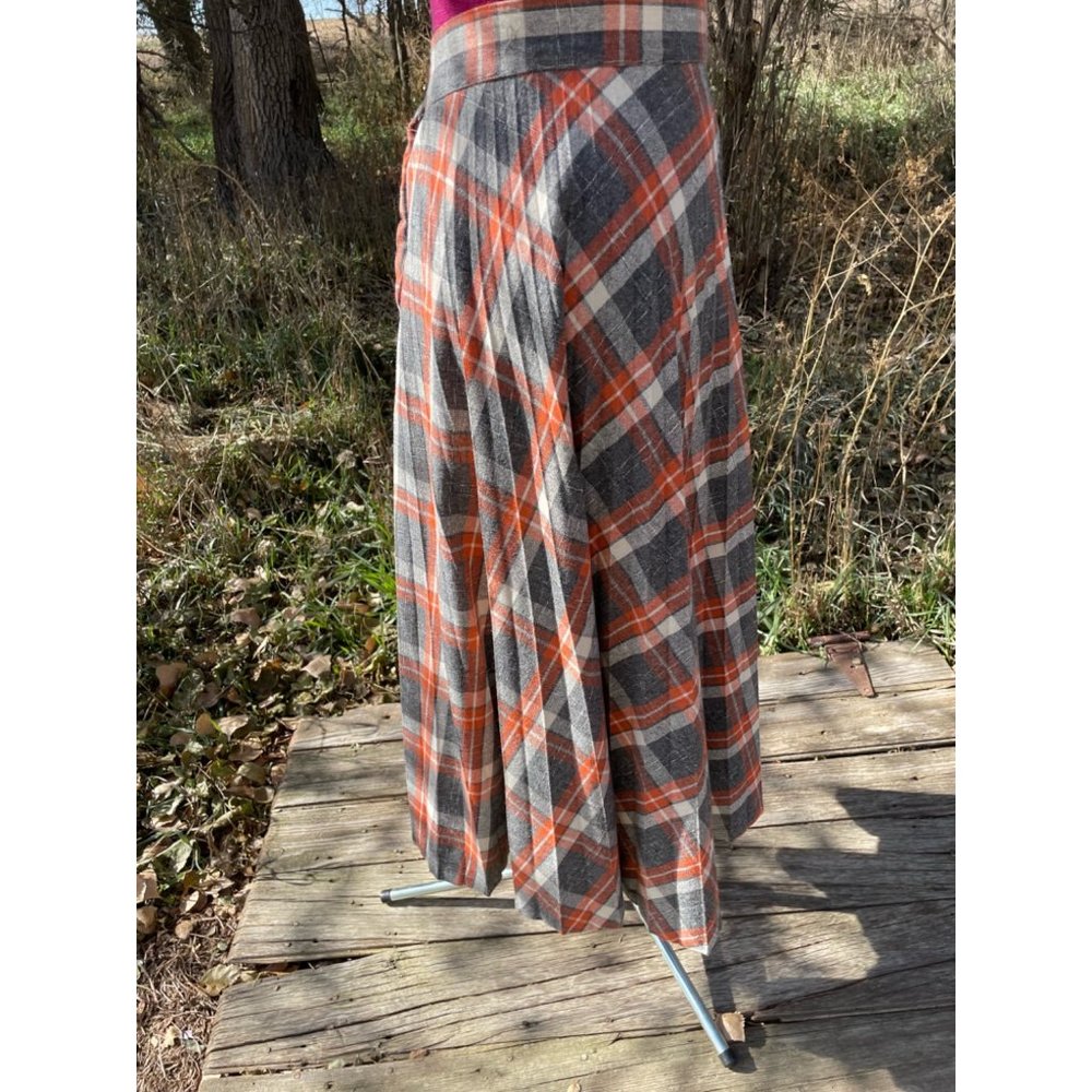 Vintage 1970s Wool Blend Plaid Pleated Skirt Gray Orange Size M - Picture 7 of 11